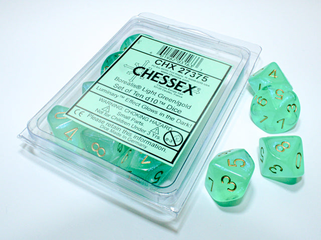 Chessex Borealis Light Green/gold Luminary Set of Ten d10s | Mega City Incorporated