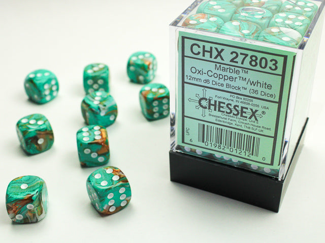 Chessex Marble Oxi-Copper/white 12mm d6 Dice Block (36 dice) | Mega City Incorporated