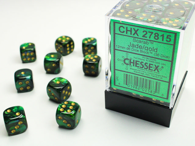 Chessex Scarab Jade/gold 12mm d6 Dice Block (36 dice) | Mega City Incorporated