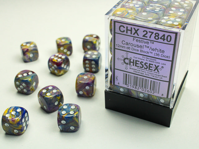 Chessex Festive Carousel/white 12mm d6 Dice Block (36 dice) | Mega City Incorporated