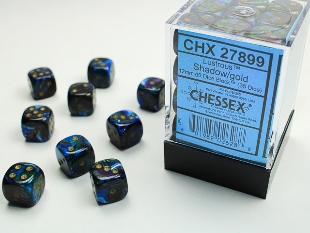 Chessex Lustrous Shadow/gold 12mm d6 Dice Block (36 dice) | Mega City Incorporated