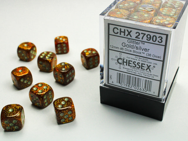 Chessex Glitter Gold/silver 12mm d6 Dice Block (36 dice) | Mega City Incorporated