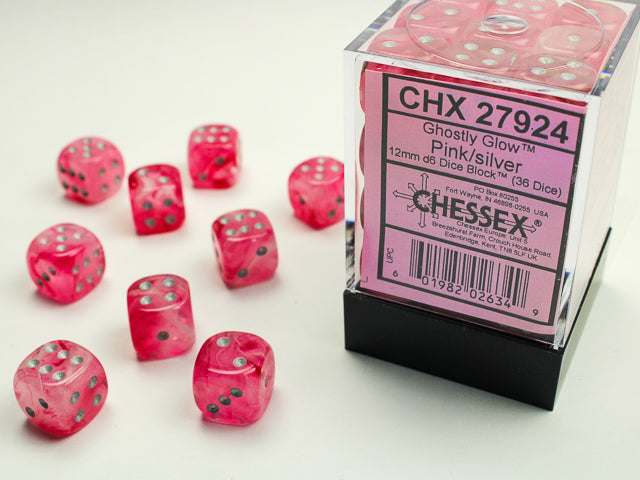 Chessex Ghostly Glow Pink/silver 12mm d6 Dice Block (36 dice) | Mega City Incorporated