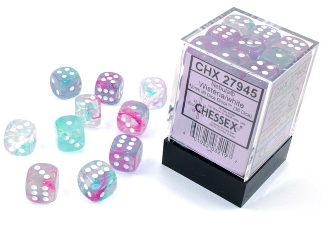 Chessex Nebula Wisteria/white Luminary 12mm d6 Dice Block (36 dice) | Mega City Incorporated