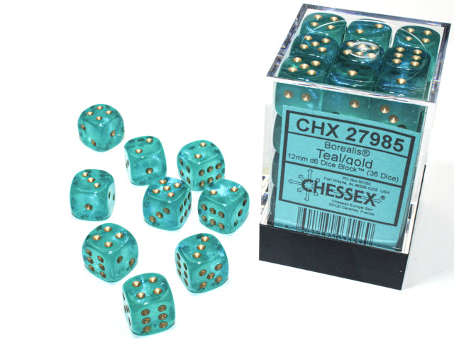 Chessex Borealis Teal/gold Luminary 12mm d6 Dice Block (36 dice) | Mega City Incorporated