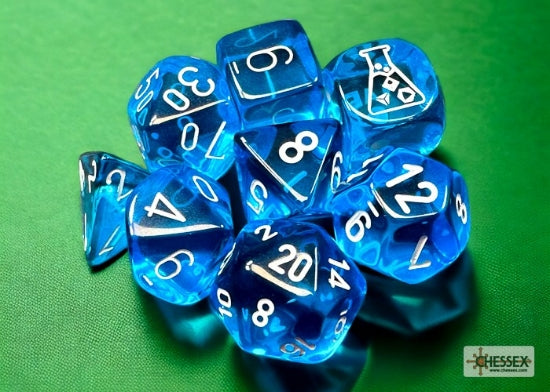 Chessex Translucent Tropical Blue/white Polyhedral 7-Dice Set (with bonus die) | Mega City Incorporated