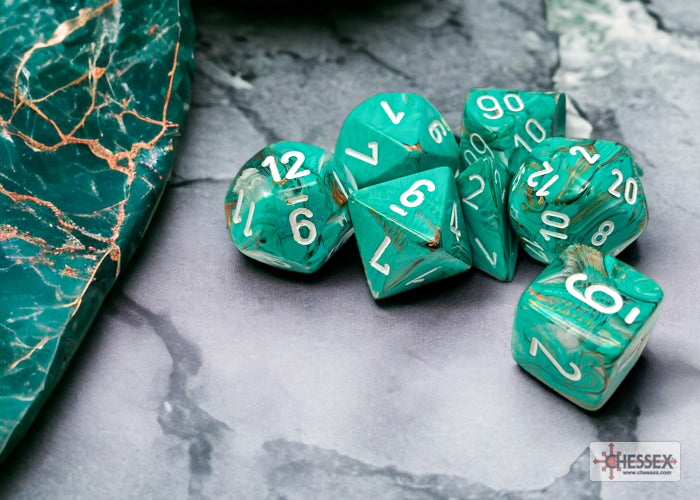 Chessex Marble Oxi-Copper/white Polyhedral 7-Dice Set | Mega City Incorporated