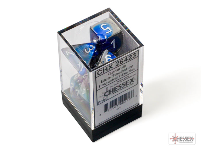 Chessex Gemini Blue-Steel/white Polyhedral 7-Dice Set | Mega City Incorporated