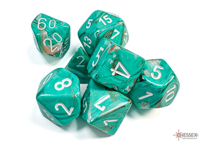 Chessex Marble Oxi-Copper/white Polyhedral 7-Dice Set | Mega City Incorporated