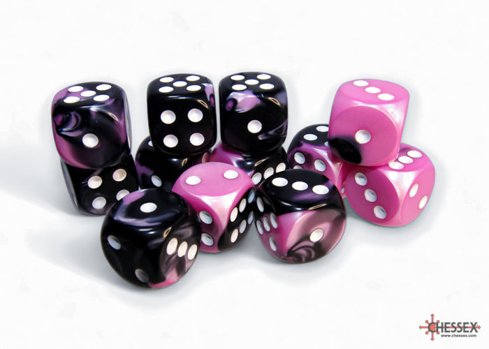 Chessex Gemini Black-Pink/white 16mm d6 Dice Block (12 dice) | Mega City Incorporated