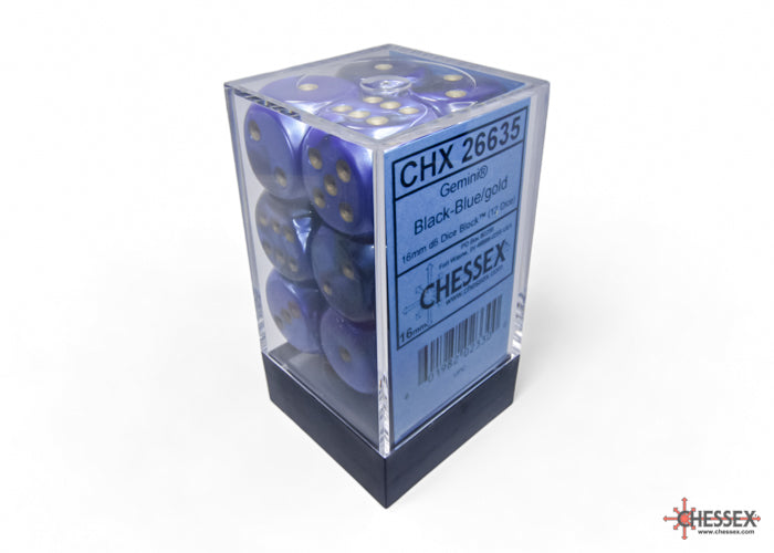 Chessex Gemini Black-Blue/gold 16mm d6 Dice Block (12 dice) | Mega City Incorporated