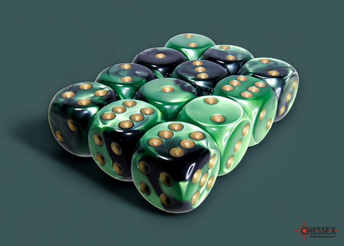 Chessex Gemini Black-Green/gold 16mm d6 Dice Block (12 dice) | Mega City Incorporated