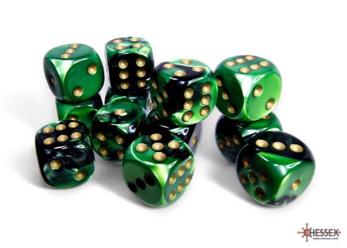 Chessex Gemini Black-Green/gold 16mm d6 Dice Block (12 dice) | Mega City Incorporated