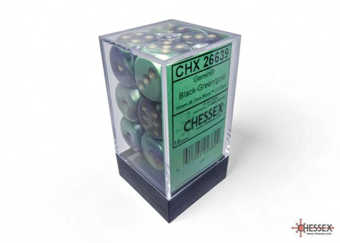 Chessex Gemini Black-Green/gold 16mm d6 Dice Block (12 dice) | Mega City Incorporated