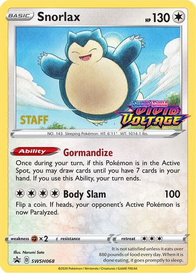 Snorlax (SWSH068) (Staff Prerelease Promo) [Sword & Shield: Black Star Promos] | Mega City Incorporated