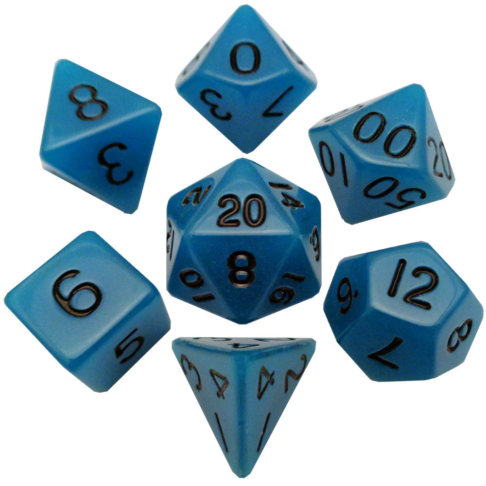 Metallic Dice Games Glow Blue: Blue w/ Black Numbers 16mm Poly Dice Set | Mega City Incorporated