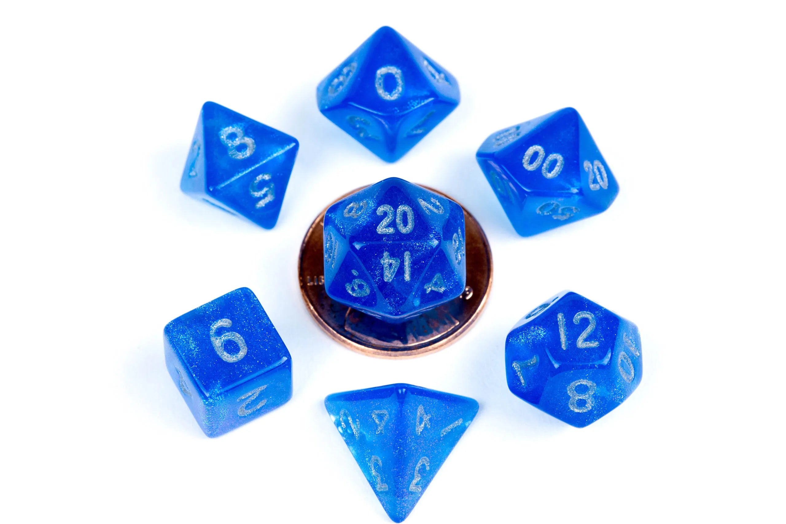 Fanroll Stardust Blue w/ Silver Numbers 10mm Mini Poly Dice Set | Mega City Incorporated