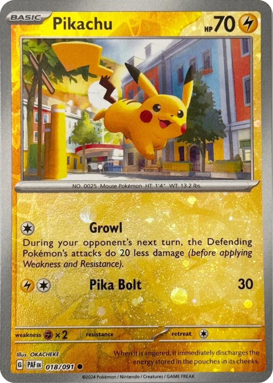 Pikachu (018/091) (Reverse Cosmos Holo) [Scarlet & Violet: Paldean Fates] | Mega City Incorporated