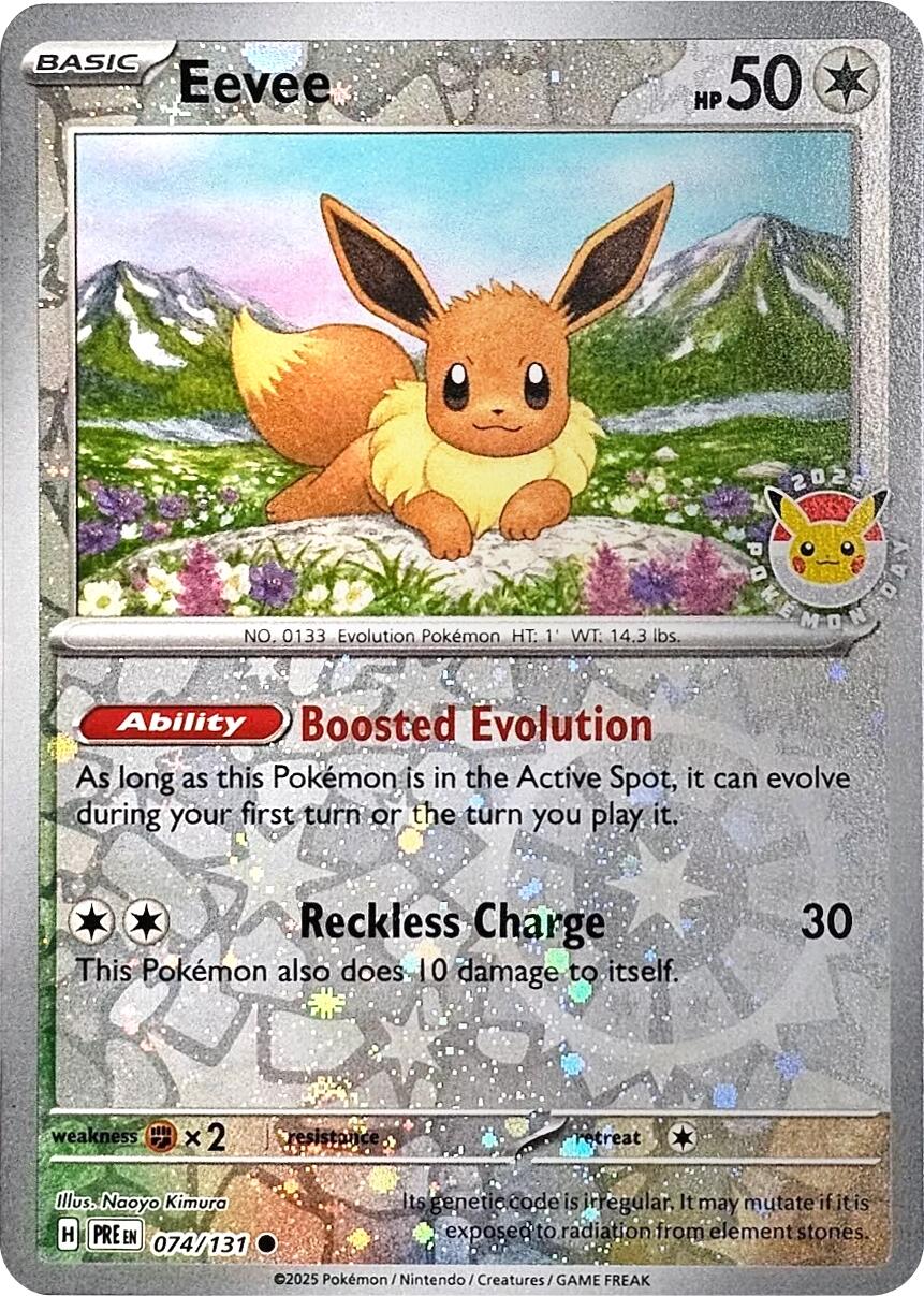 Eevee (074/131) (Pokemon Day 2025) (Reverse Cosmos Holo) [Scarlet & Violet: Prismatic Evolutions] | Mega City Incorporated