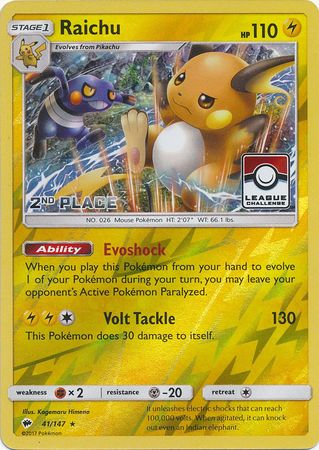 Raichu (41/147) (League Promo 2nd Place) [Sun & Moon: Burning Shadows] | Mega City Incorporated