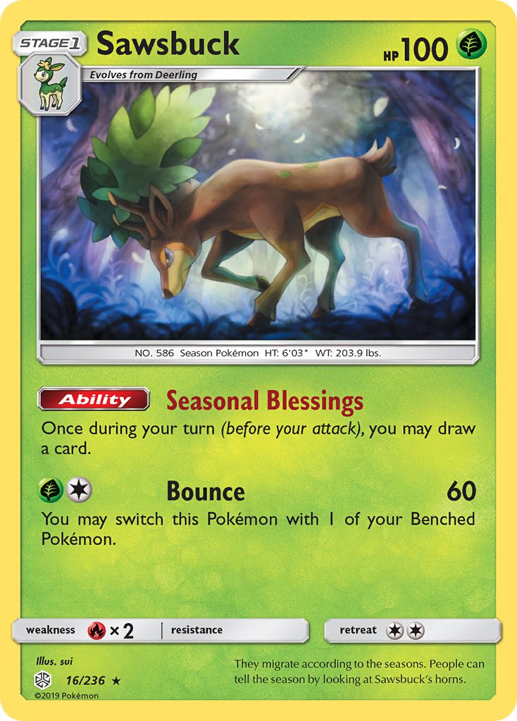 Sawsbuck (16/236) (Prerelease Kit Exclusive) (Theme Deck Exclusive) [Sun & Moon: Cosmic Eclipse] | Mega City Incorporated