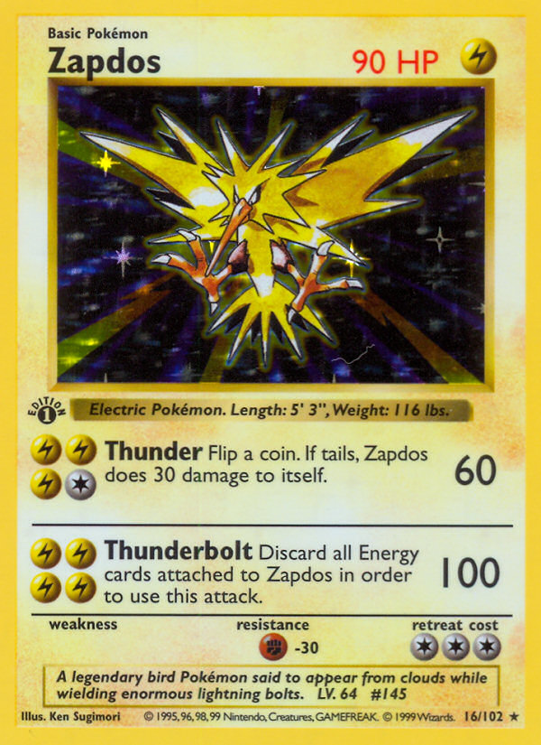 Zapdos (16/102) (Shadowless) [Base Set 1st Edition] | Mega City Incorporated