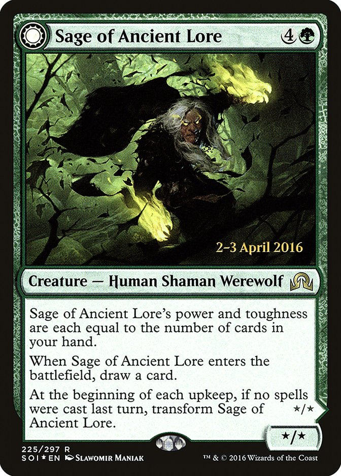 Sage of Ancient Lore // Werewolf of Ancient Hunger [Shadows over Innistrad Prerelease Promos] | Mega City Incorporated