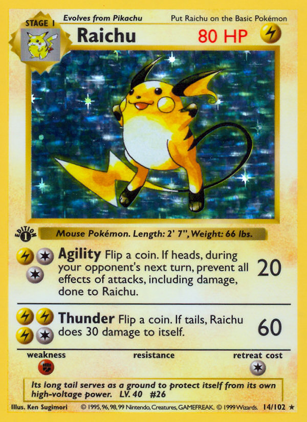 Raichu (14/102) (Shadowless) [Base Set 1st Edition] | Mega City Incorporated