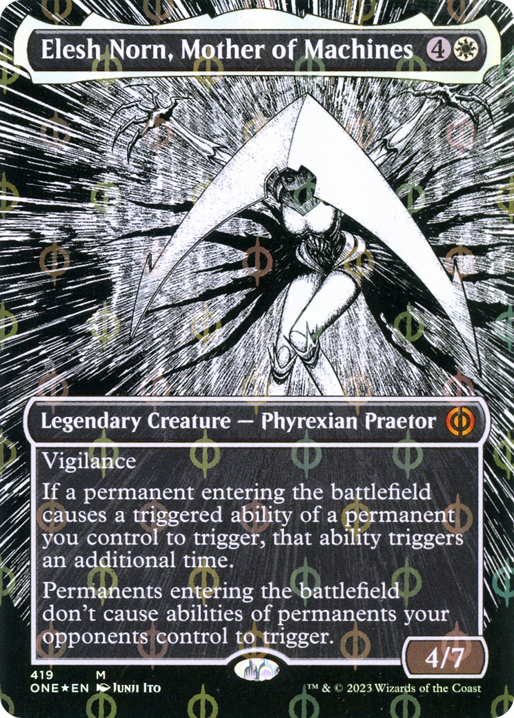 Elesh Norn, Mother of Machines (Borderless Manga Step-and-Compleat Foil) [Phyrexia: All Will Be One] | Mega City Incorporated