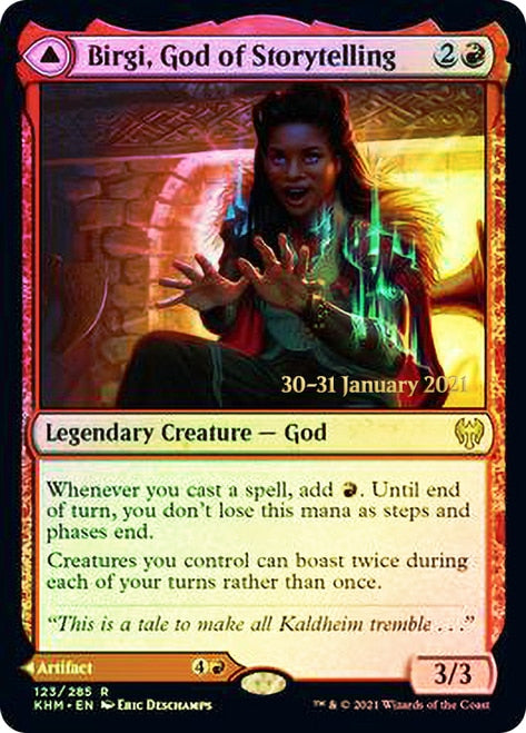 Birgi, God of Storytelling // Harnfel, Horn of Bounty  [Kaldheim Prerelease Promos] | Mega City Incorporated